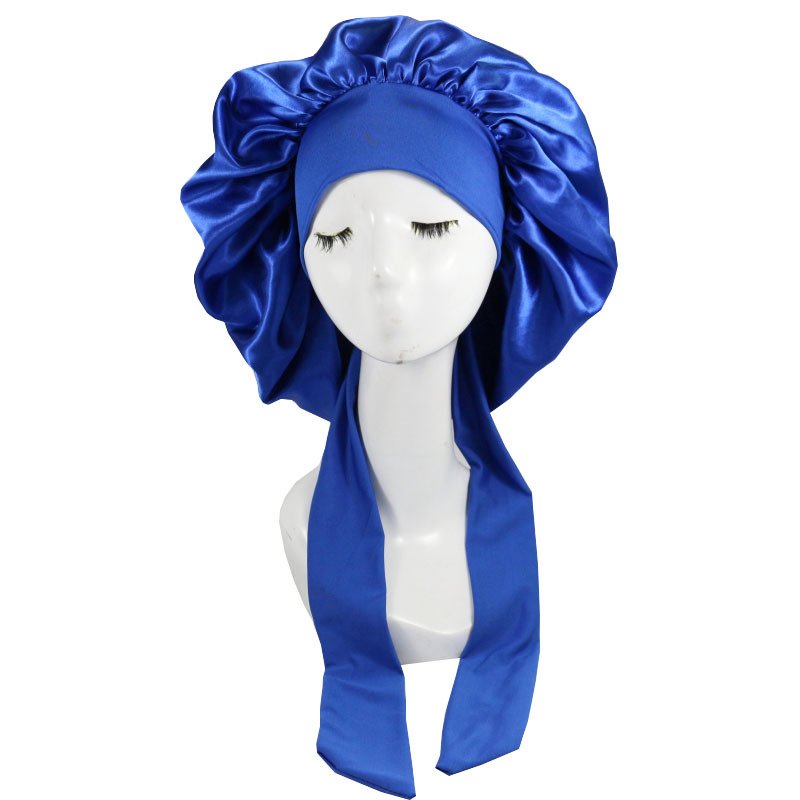 Custom Logo Woman Extra Large Satin Hair Bonnet With Wraps Sleeping Bonnets With Belt Band Tails Silk Tie Bonnet For Curly Hair