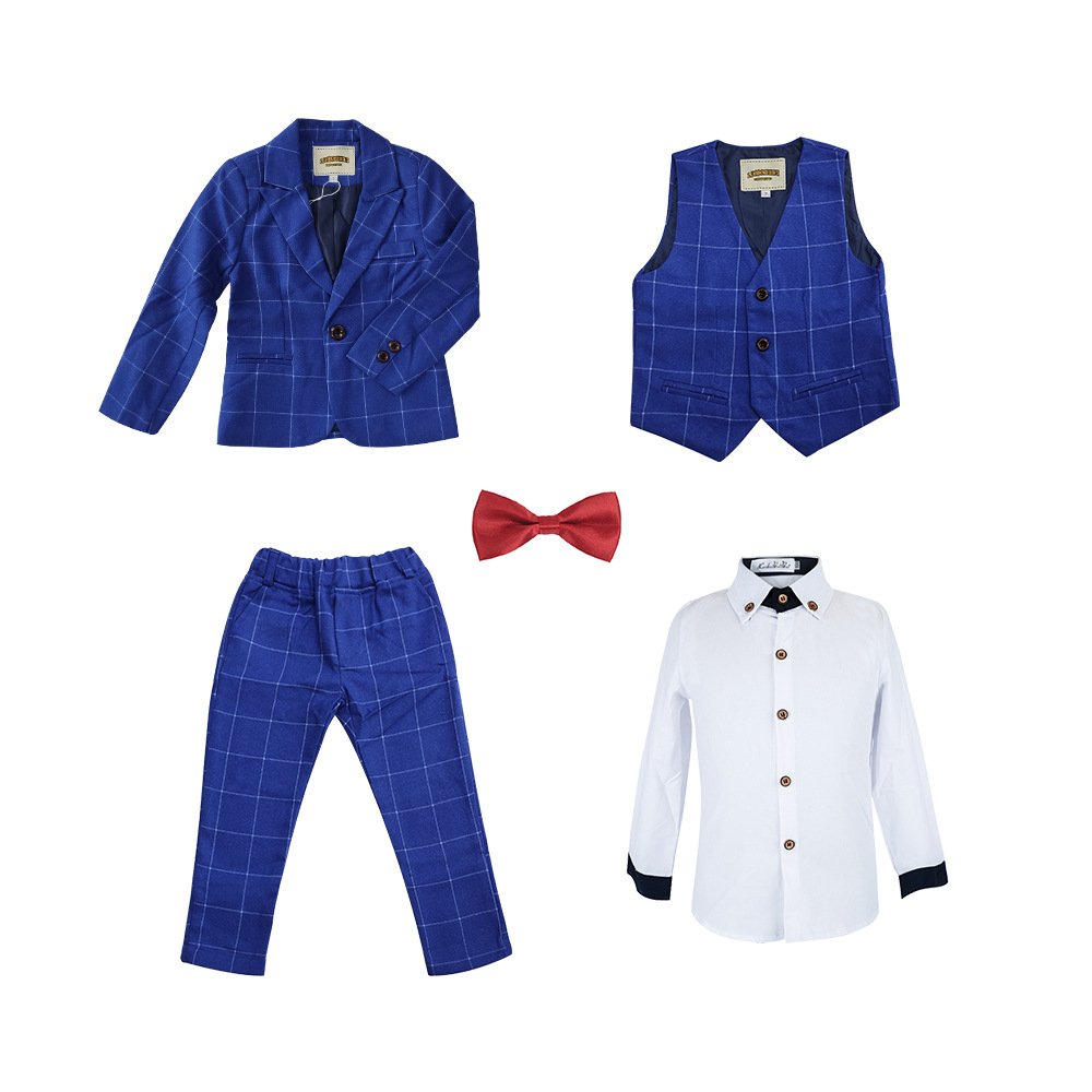 (Jacket Vest Pants Tie 4Pcs )Flower Boys Formal Blazer Suit Kids Wedding Tuxedo Set Children Prom Costume Performance Dress