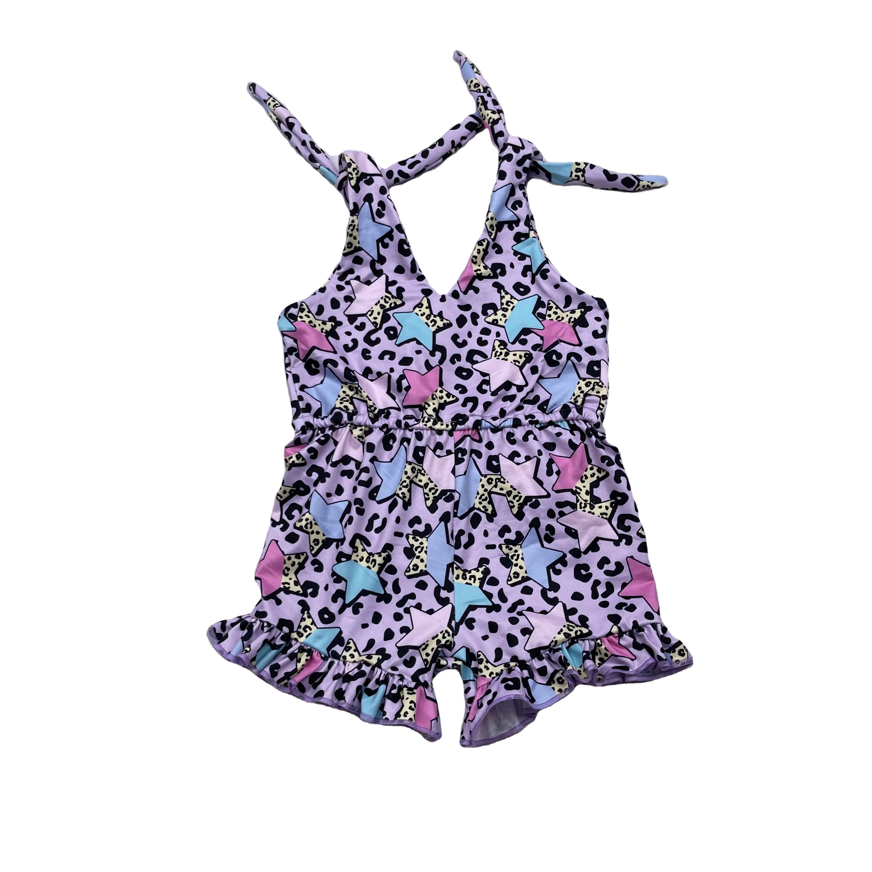 Qingli OEM Kids Onesie Baby Jumpsuit With Ruffles Tie Up Shoulder Girls Romper