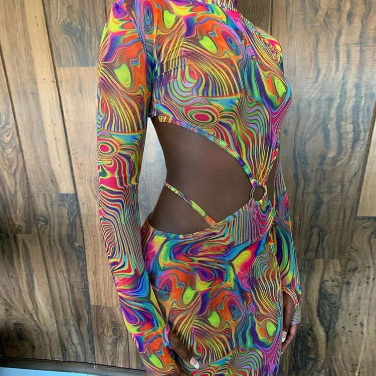 Spring Sexy Print Waistless Long Sleeve Mesh Rave Party Dress