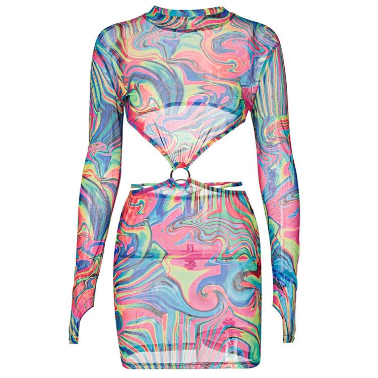 Spring Sexy Print Waistless Long Sleeve Mesh Rave Party Dress