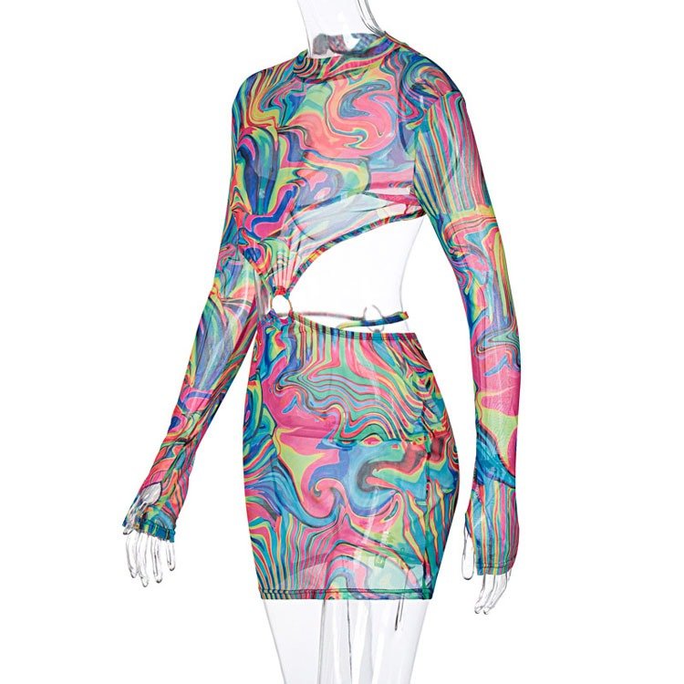 Spring Sexy Print Waistless Long Sleeve Mesh Rave Party Dress