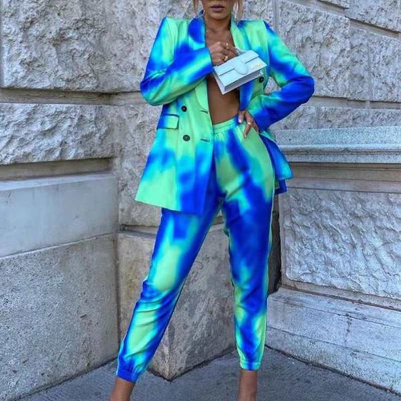 Casual Lady Double Breasted Outfit Pink Two Piece Set With Pocket Women Jacket and Pant Set Tie Dye Long Sleeve Suit Blazer Set