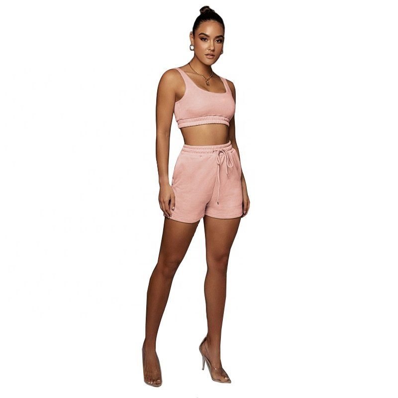2024 Summer Fashion 2 piece Jogging Vest and Pants Sets Plain Short Sweatshirts Sets Cotton Women Short Workout Sets