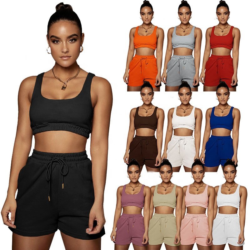2024 Summer Fashion 2 piece Jogging Vest and Pants Sets Plain Short Sweatshirts Sets Cotton Women Short Workout Sets