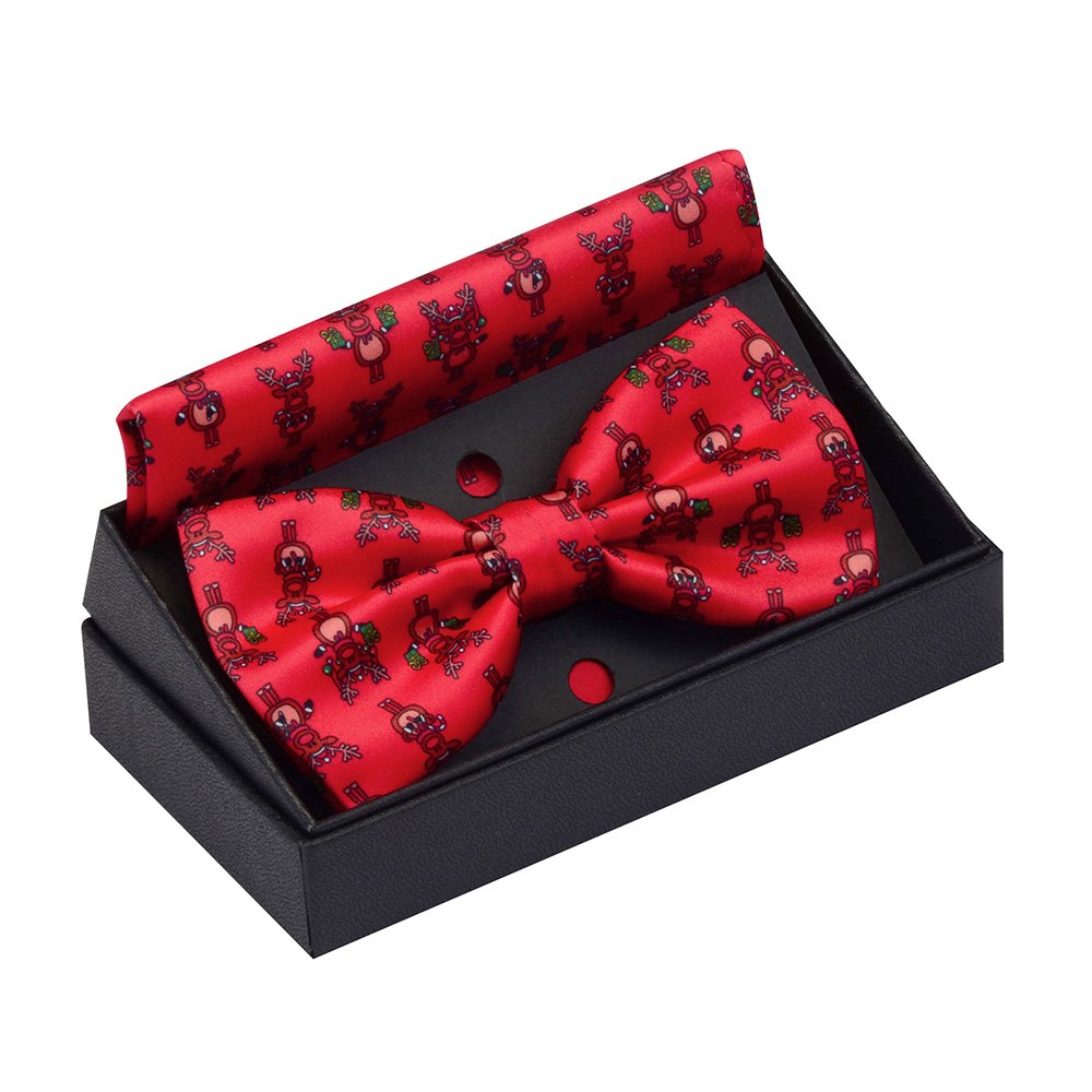 New Fashion Christmas Bowtie Pocket Square Set Snowmen Tree Print Silk Hanky Bow Tie For Men Party Ties with Box Gifts