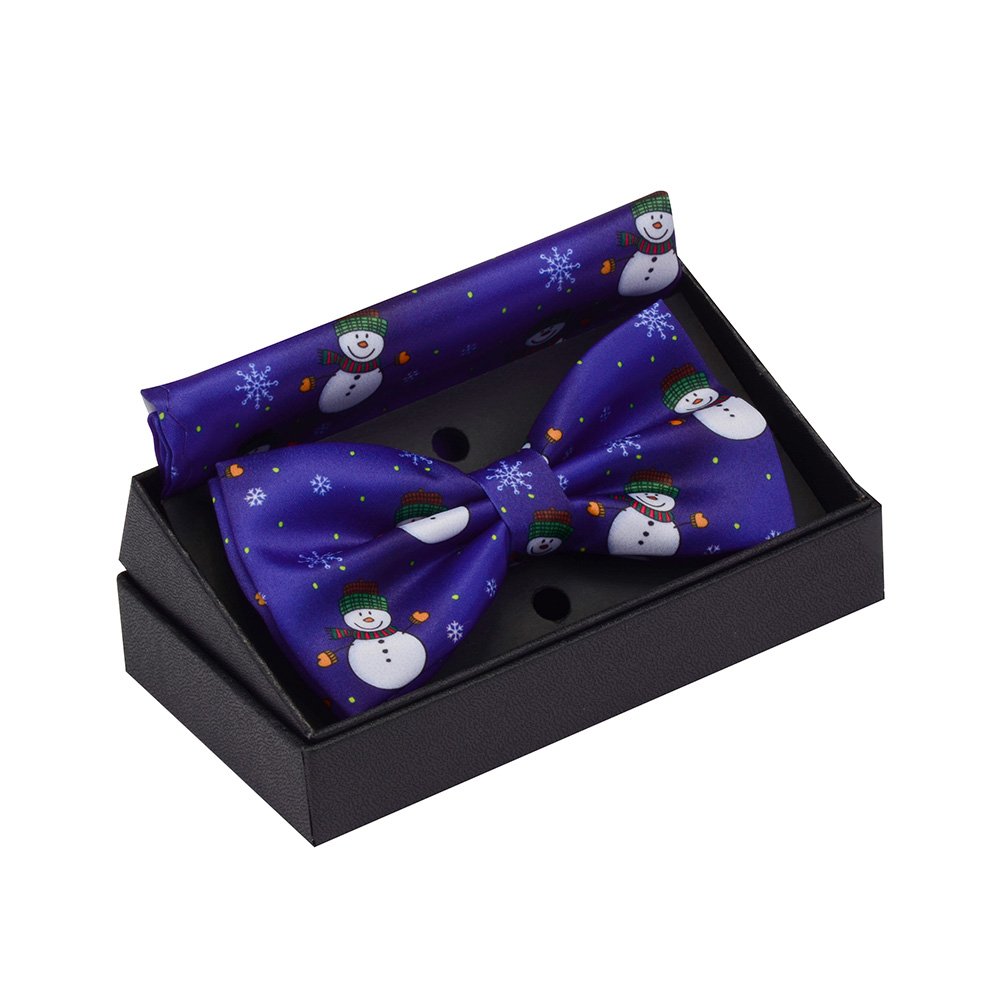 New Fashion Christmas Bowtie Pocket Square Set Snowmen Tree Print Silk Hanky Bow Tie For Men Party Ties with Box Gifts