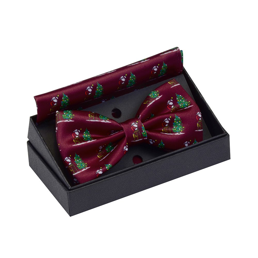 New Fashion Christmas Bowtie Pocket Square Set Snowmen Tree Print Silk Hanky Bow Tie For Men Party Ties with Box Gifts