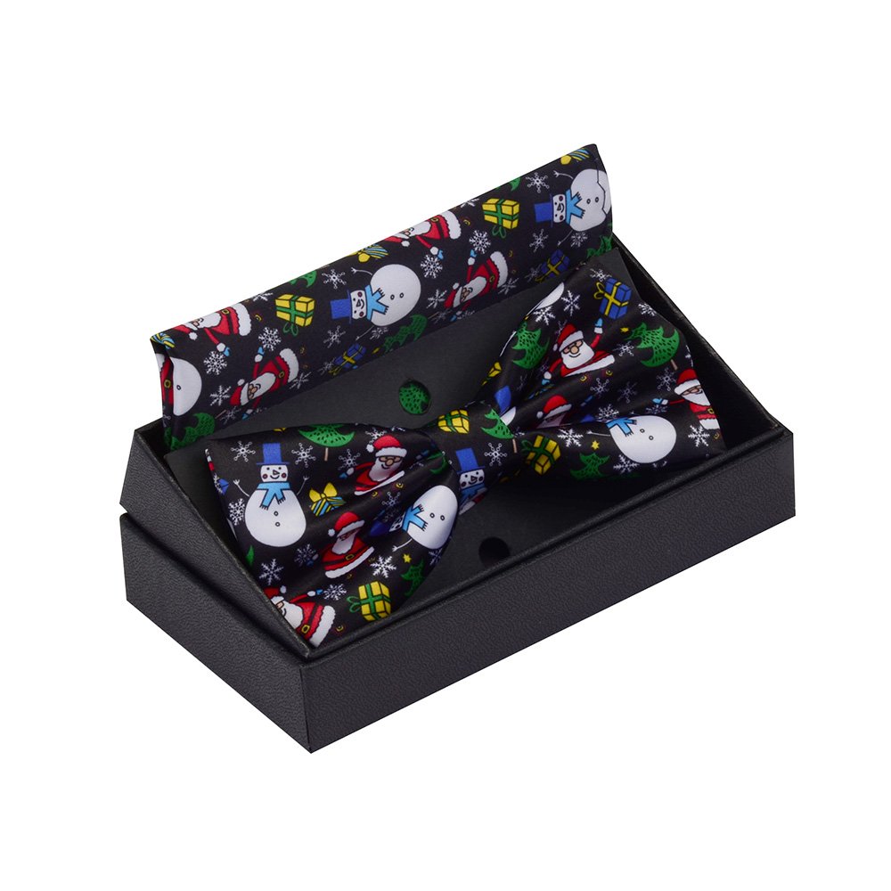 New Fashion Christmas Bowtie Pocket Square Set Snowmen Tree Print Silk Hanky Bow Tie For Men Party Ties with Box Gifts