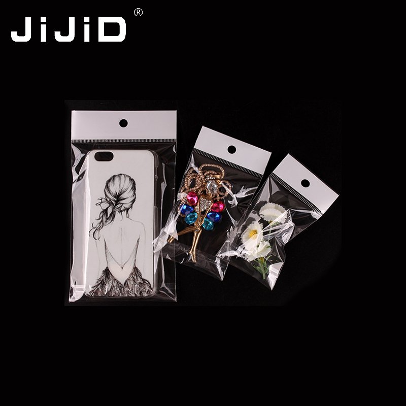 JiJiD customized resealable plastic self adhesive clear opp bag with hook for small gift jewelry earrings clear plastic bags