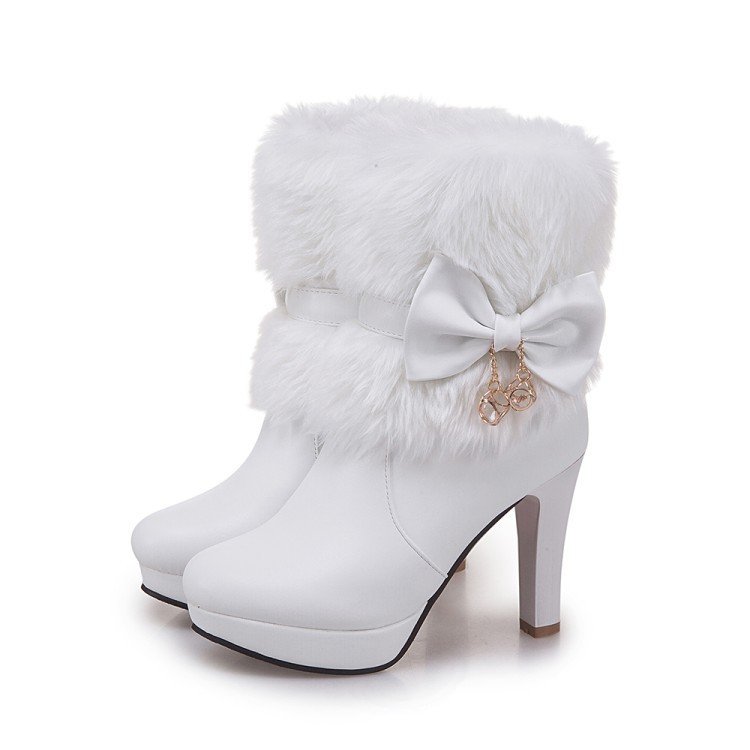 2023 Winter Thick Fur High Top High Heels Round Toe Solid Color High Heel Short Boots Bow Tie Hanger High Heel Boots