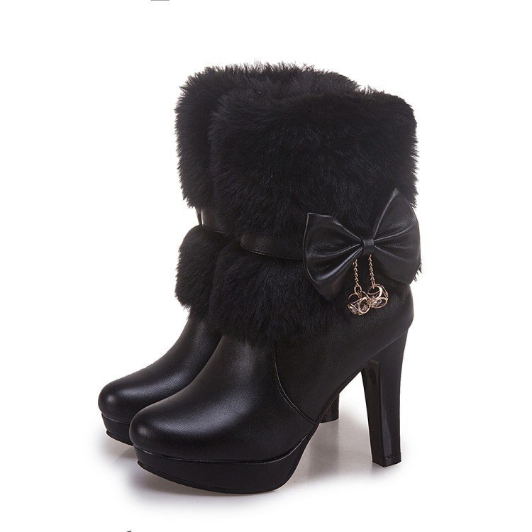 2023 Winter Thick Fur High Top High Heels Round Toe Solid Color High Heel Short Boots Bow Tie Hanger High Heel Boots