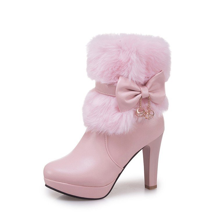 2023 Winter Thick Fur High Top High Heels Round Toe Solid Color High Heel Short Boots Bow Tie Hanger High Heel Boots