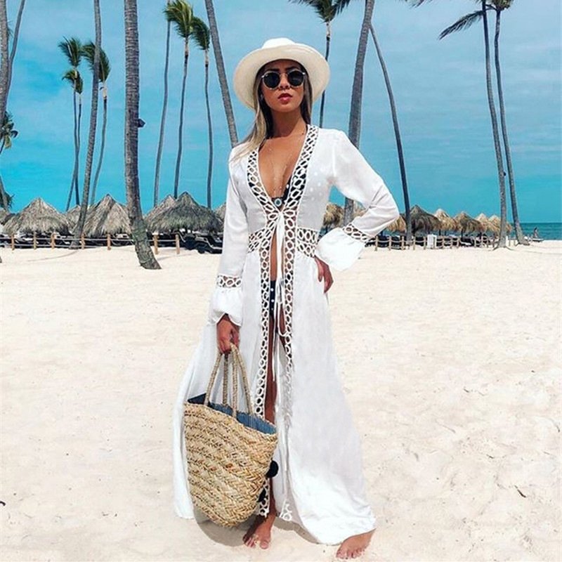 Womens Chiffon Maxi Dress Long Beachwear Kimono Beaded cardigan Round hole lace Tie Front Bikini Swimsuit Cover up beach dress