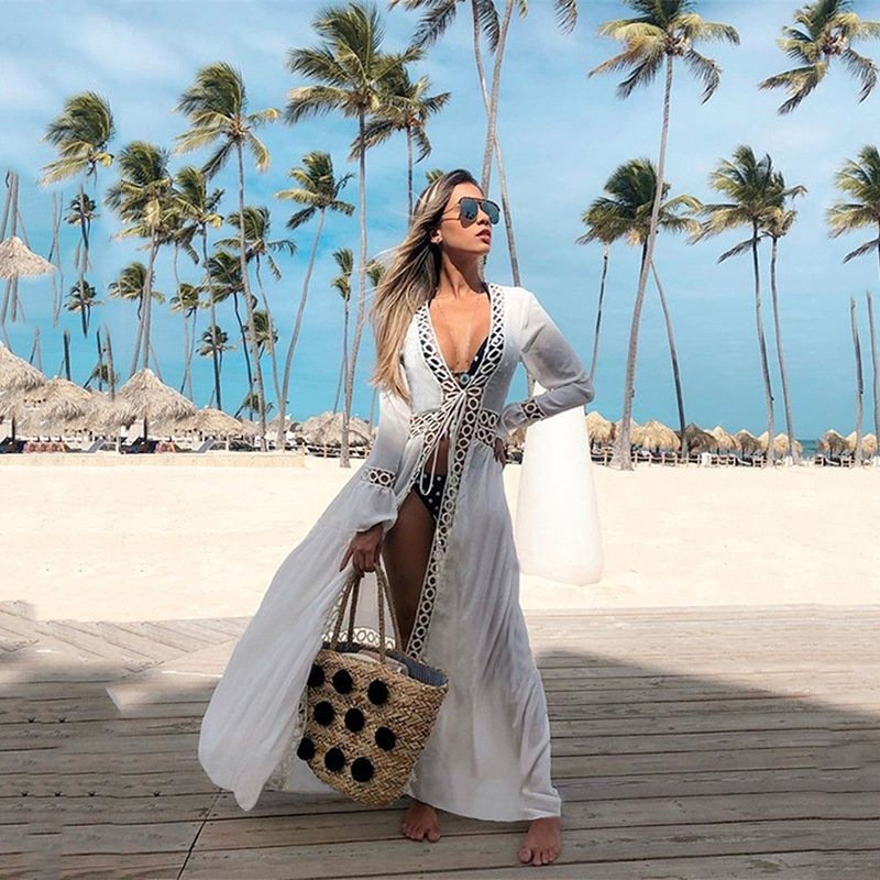 Womens Chiffon Maxi Dress Long Beachwear Kimono Beaded cardigan Round hole lace Tie Front Bikini Swimsuit Cover up beach dress