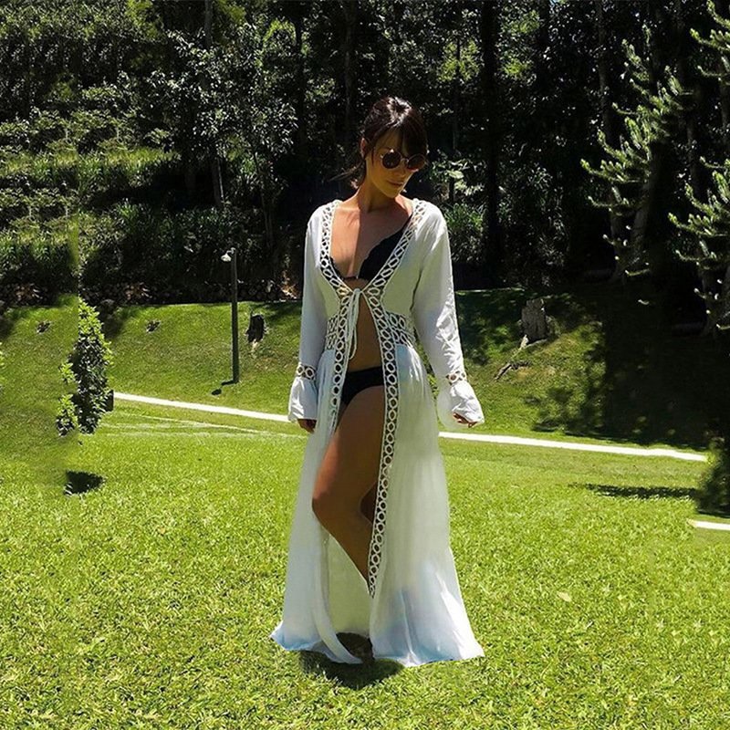 Womens Chiffon Maxi Dress Long Beachwear Kimono Beaded cardigan Round hole lace Tie Front Bikini Swimsuit Cover up beach dress
