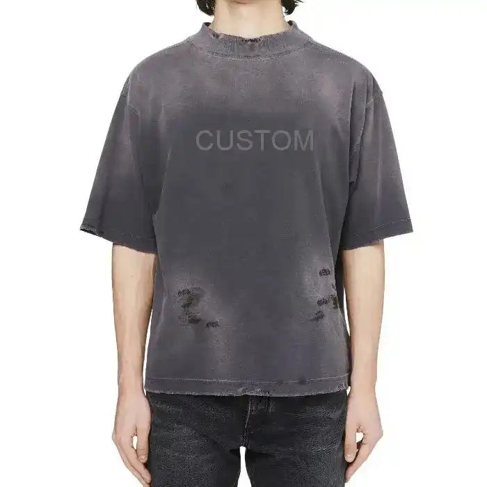 100% cotton tie dye single needle men's T-shirt boxy fur edge hole men's T-shirt original edge acid wash men's T-shirt