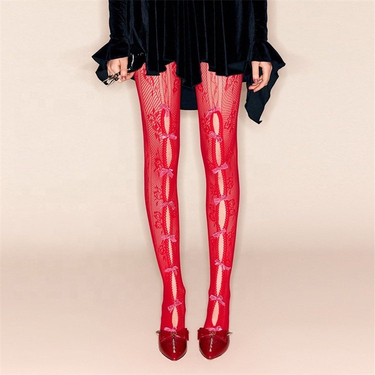 See Through Lace Mesh Hollow Bow Tie Leggings High Waist Stockings Y2k Sexy Lingeries for Woman Tights