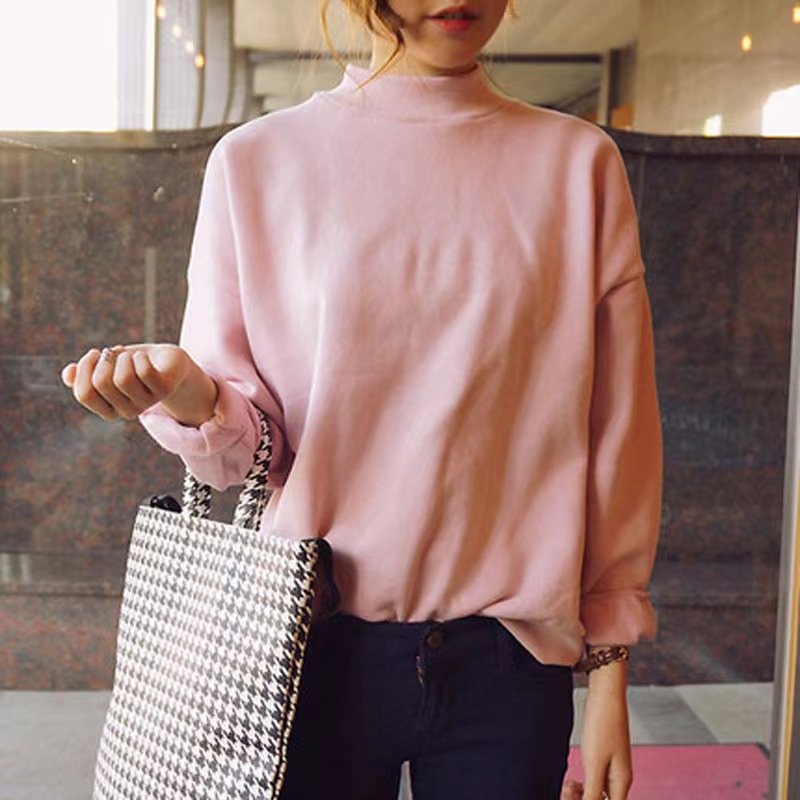 Solid color plus velvet sweater ladies autumn and winter new baseball uniform student coat small turtleneck loose padded sweater