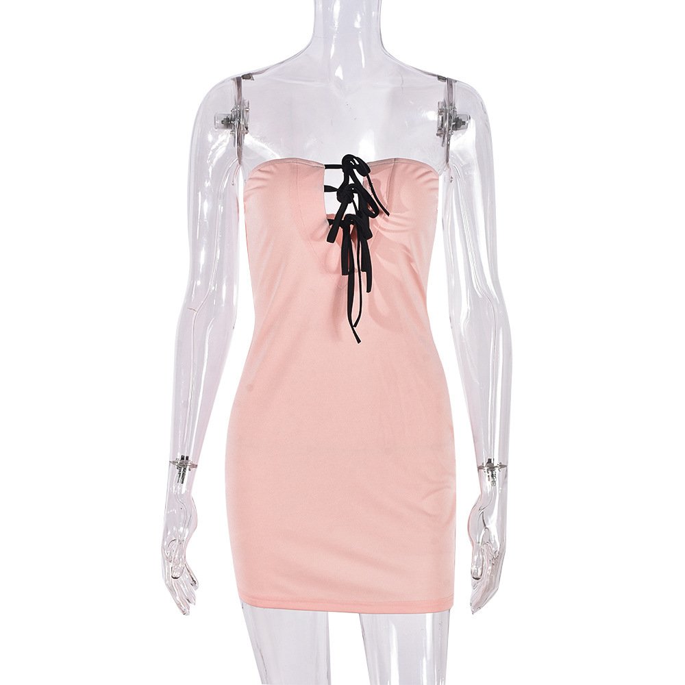 Bomblook C524DS Patchwork Outfits Summer Tie Up Dress Bodycon Sexy Mini Strapless Dress For Women Pink Elegant Dresses 2024