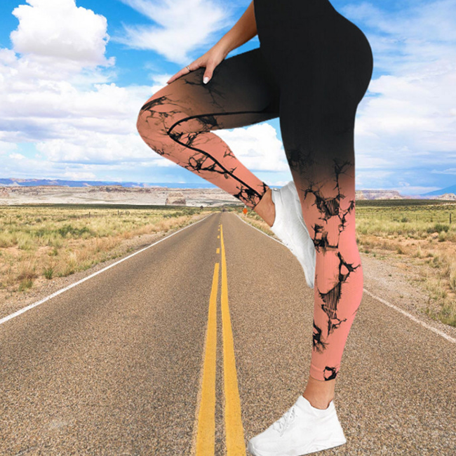 Custom Women High Waist Hip Lifting Fitness Training Wear Seamless Tie Dye Elastic Gradient Running Sports Yoga Leggings