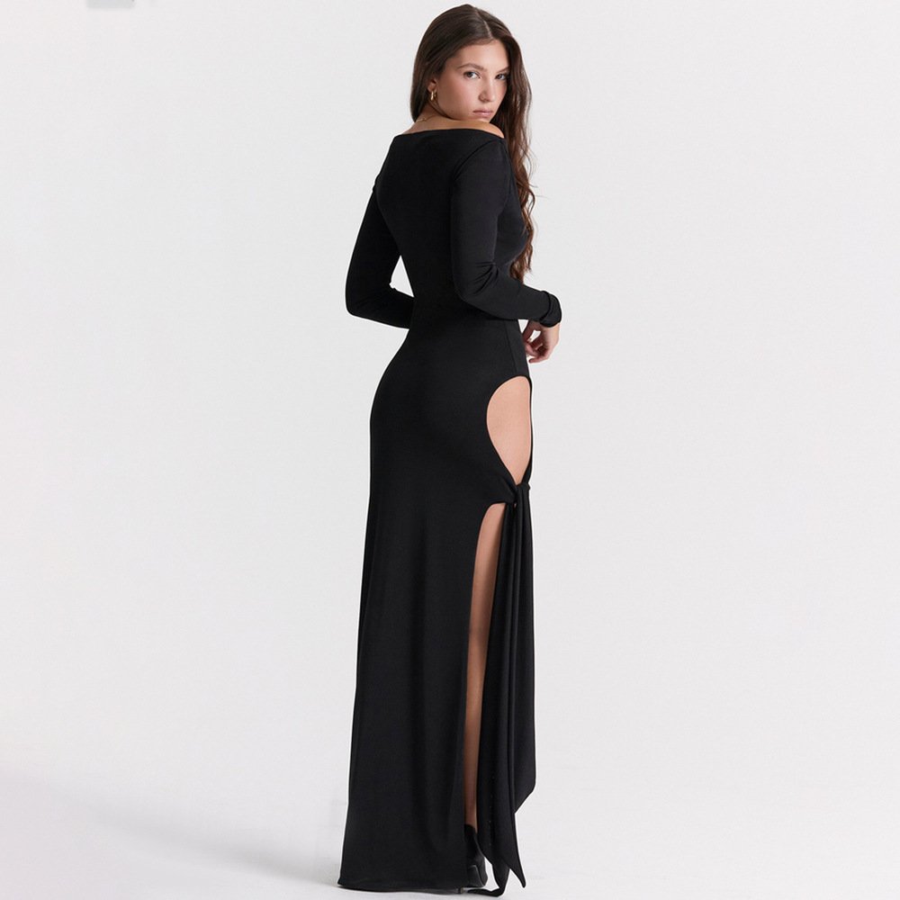 Super Quality Women Long Dresses Off Shoulder Slash Long Sleeve Backless Women Sexy Cover Up Party Club Hollow Out Dress Luxury