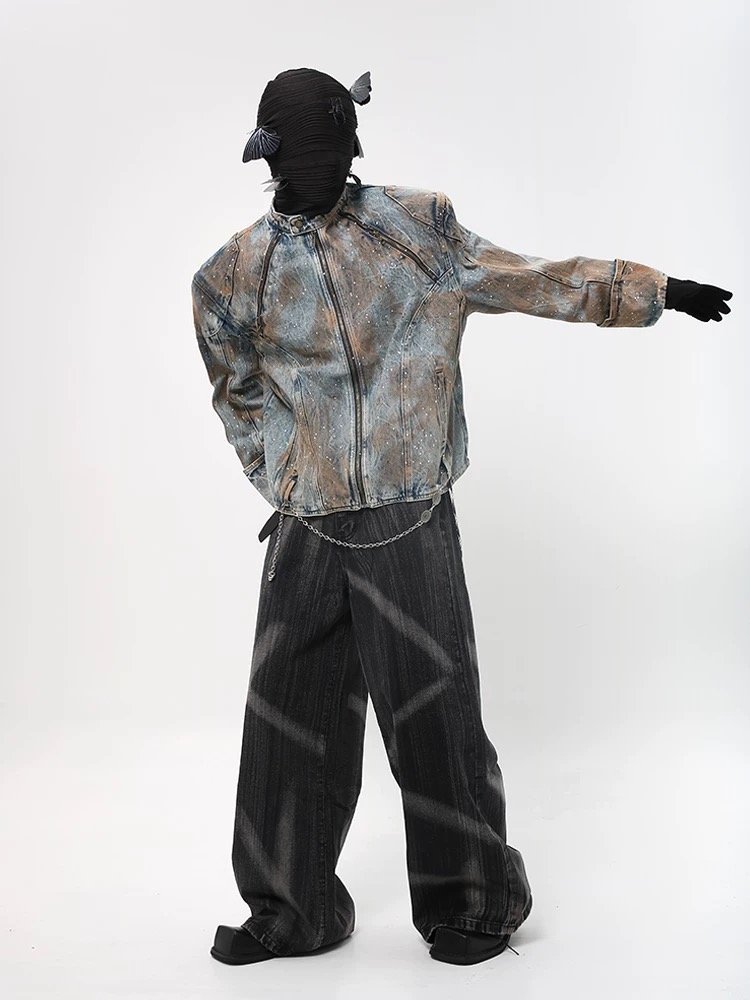 Lightweight Custom Satin Tie-Dyed Bomber Jacket for Men Hand-Painted Denim with Stand Collar for Street Style in Spring Season