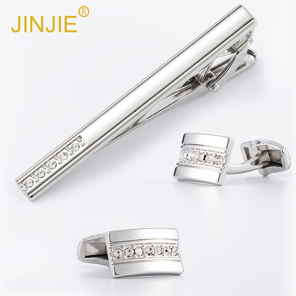 High quality luxury rectangular diamond metal silver cufflink tie clip set for men luxury present