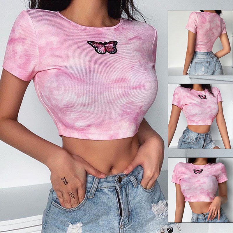 Hot Sale Factory Wholesale t shirt for girls Pink Tie Dyed Short Sleeve Women Butterfly Embroidery T-shirt Crop Top