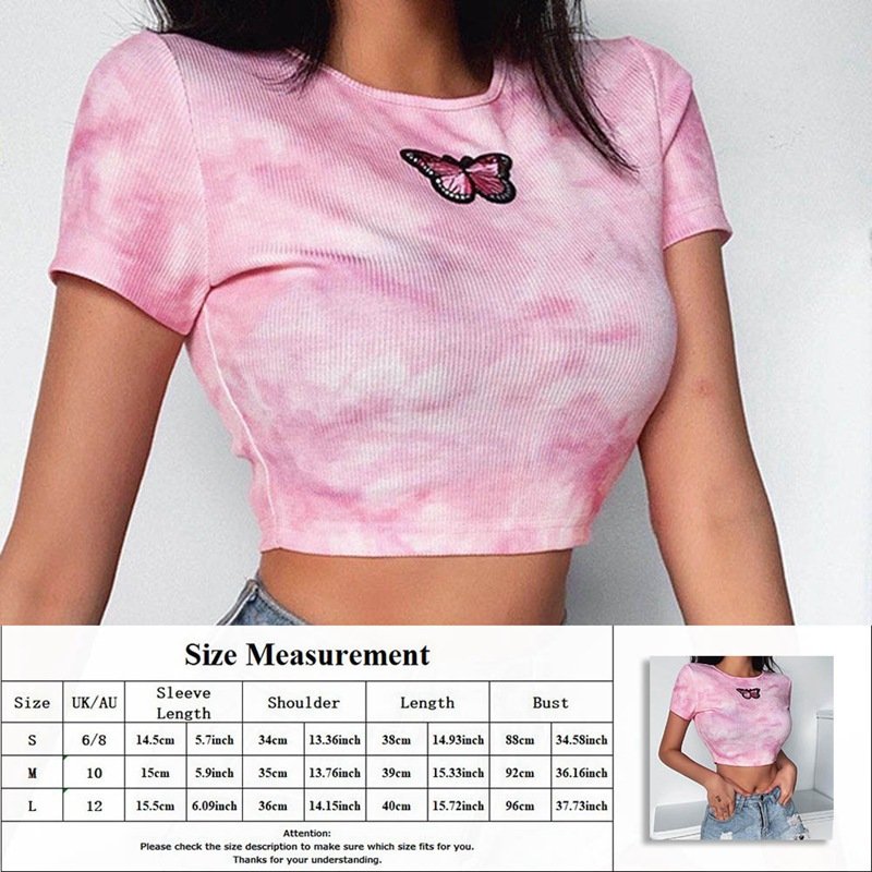 Hot Sale Factory Wholesale t shirt for girls Pink Tie Dyed Short Sleeve Women Butterfly Embroidery T-shirt Crop Top