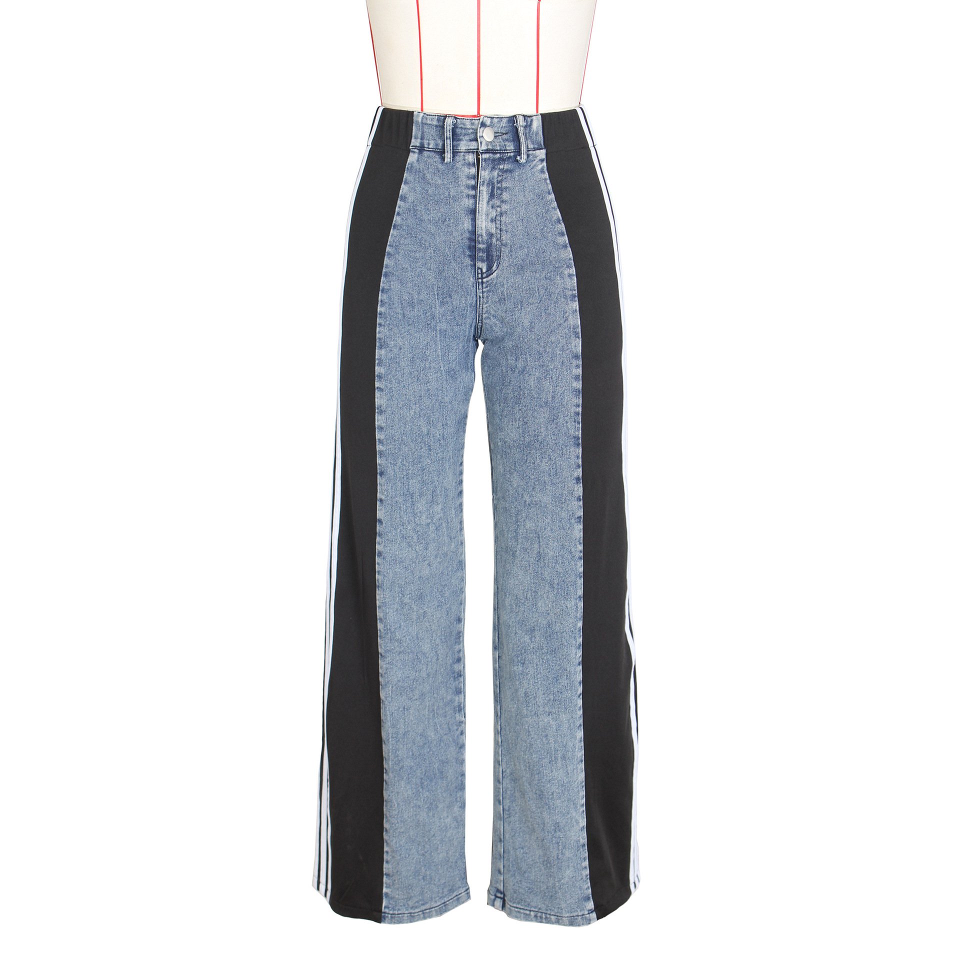 2024 Summer Fashion Splicing Three Stripe Wide Leg Denim Pants Women's Casual High Waist Elastic Straight Leg Jeans
