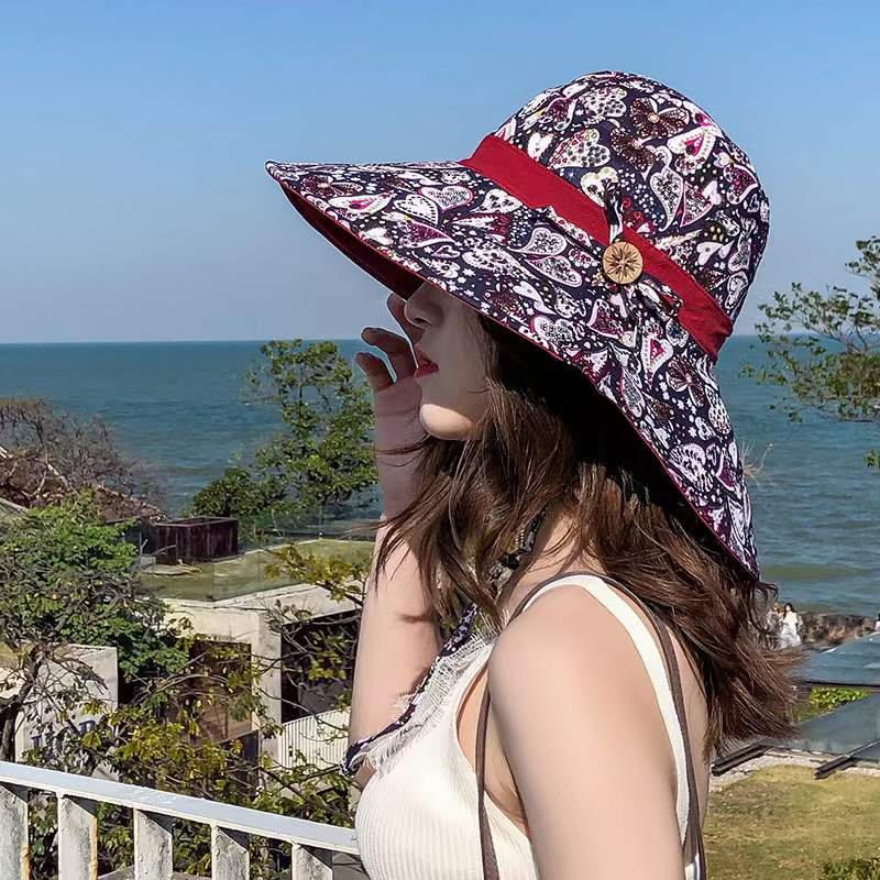 Reversible All Over Print Cotton Bucket Hat Finished with Printed Fabric Neck Tie Beach Hat