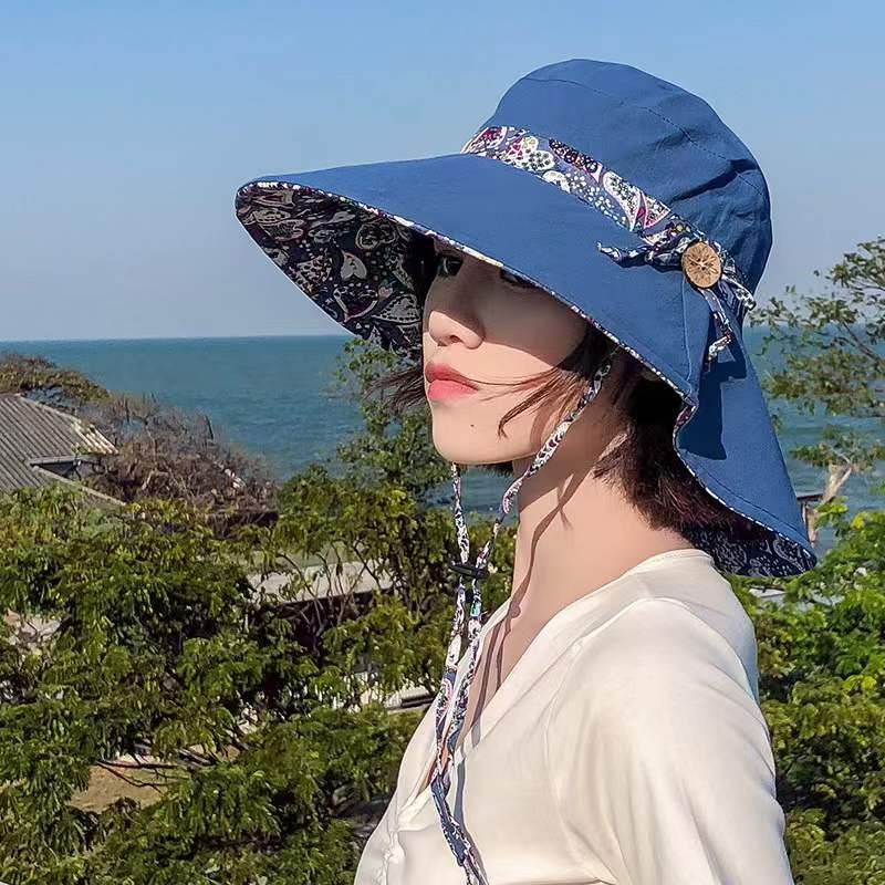 Reversible All Over Print Cotton Bucket Hat Finished with Printed Fabric Neck Tie Beach Hat