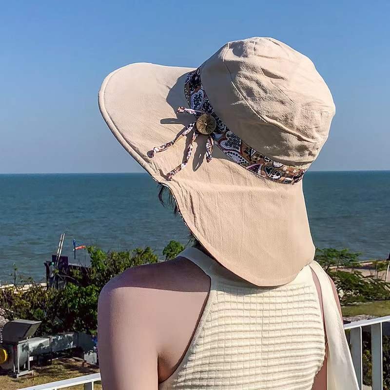 Reversible All Over Print Cotton Bucket Hat Finished with Printed Fabric Neck Tie Beach Hat