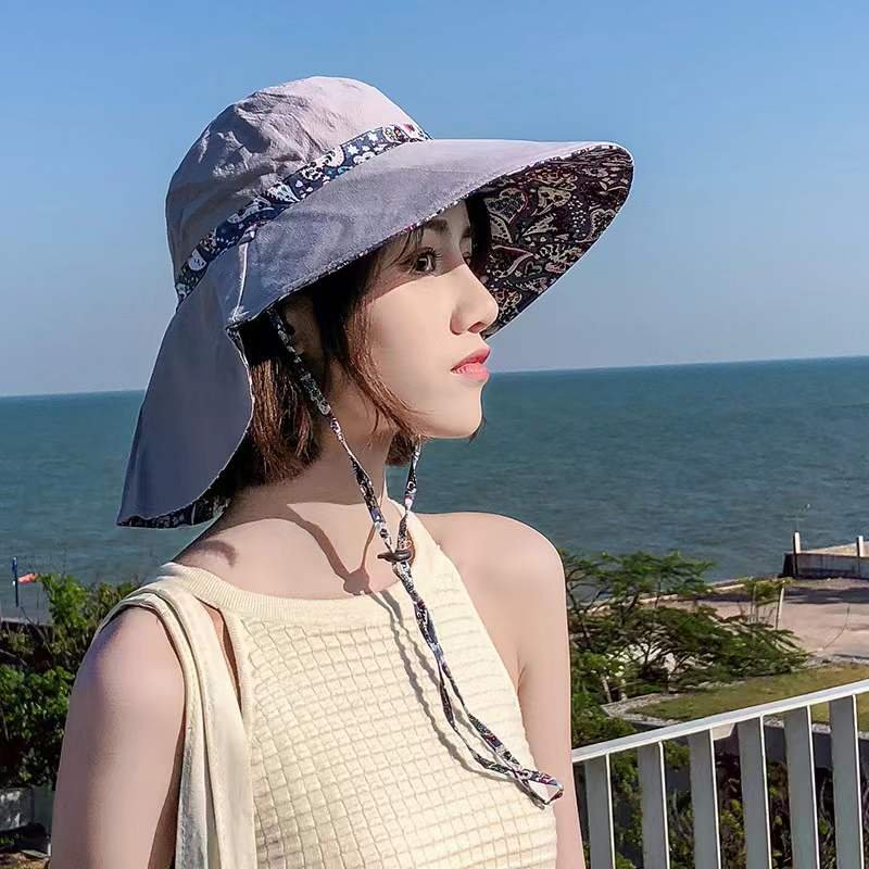 Reversible All Over Print Cotton Bucket Hat Finished with Printed Fabric Neck Tie Beach Hat