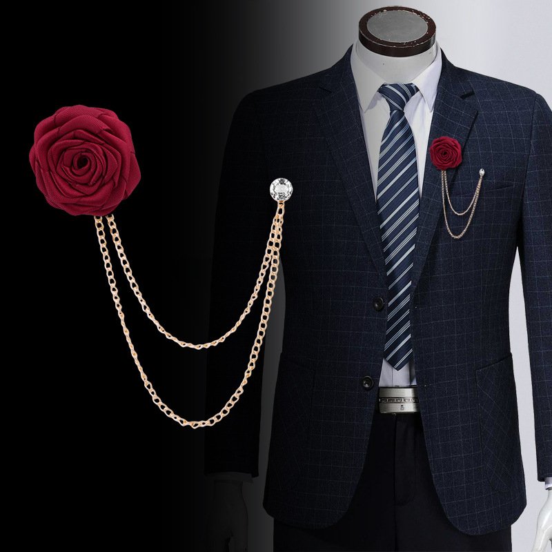 Men's Fringe Chain Brooch Cloth Handmade Rose Lapel Pin Men's Suit Accessories Brooch
