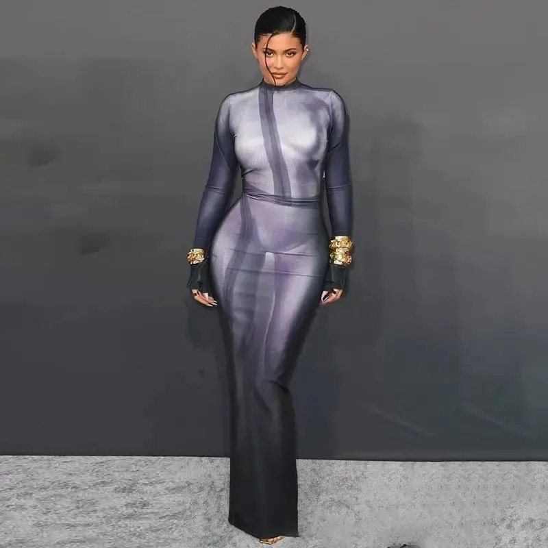 O Neck Tie Dye Print 3D Long Sleeve Skinny Stretchy Slit Back Women'S Dresses for Party