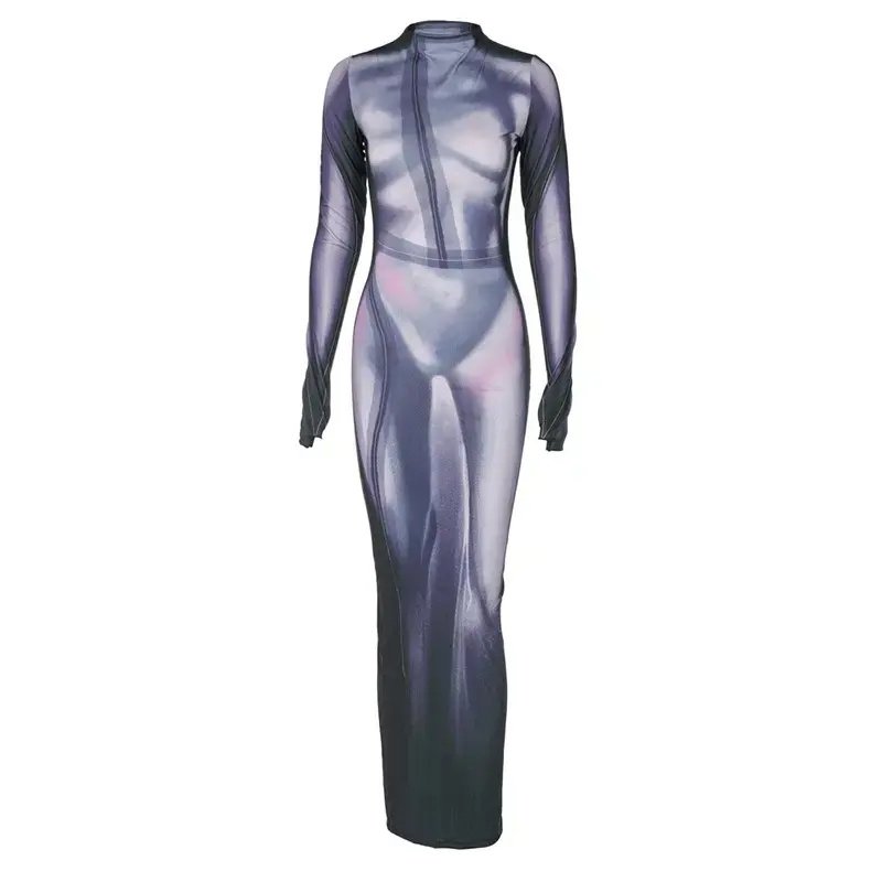 O Neck Tie Dye Print 3D Long Sleeve Skinny Stretchy Slit Back Women'S Dresses for Party