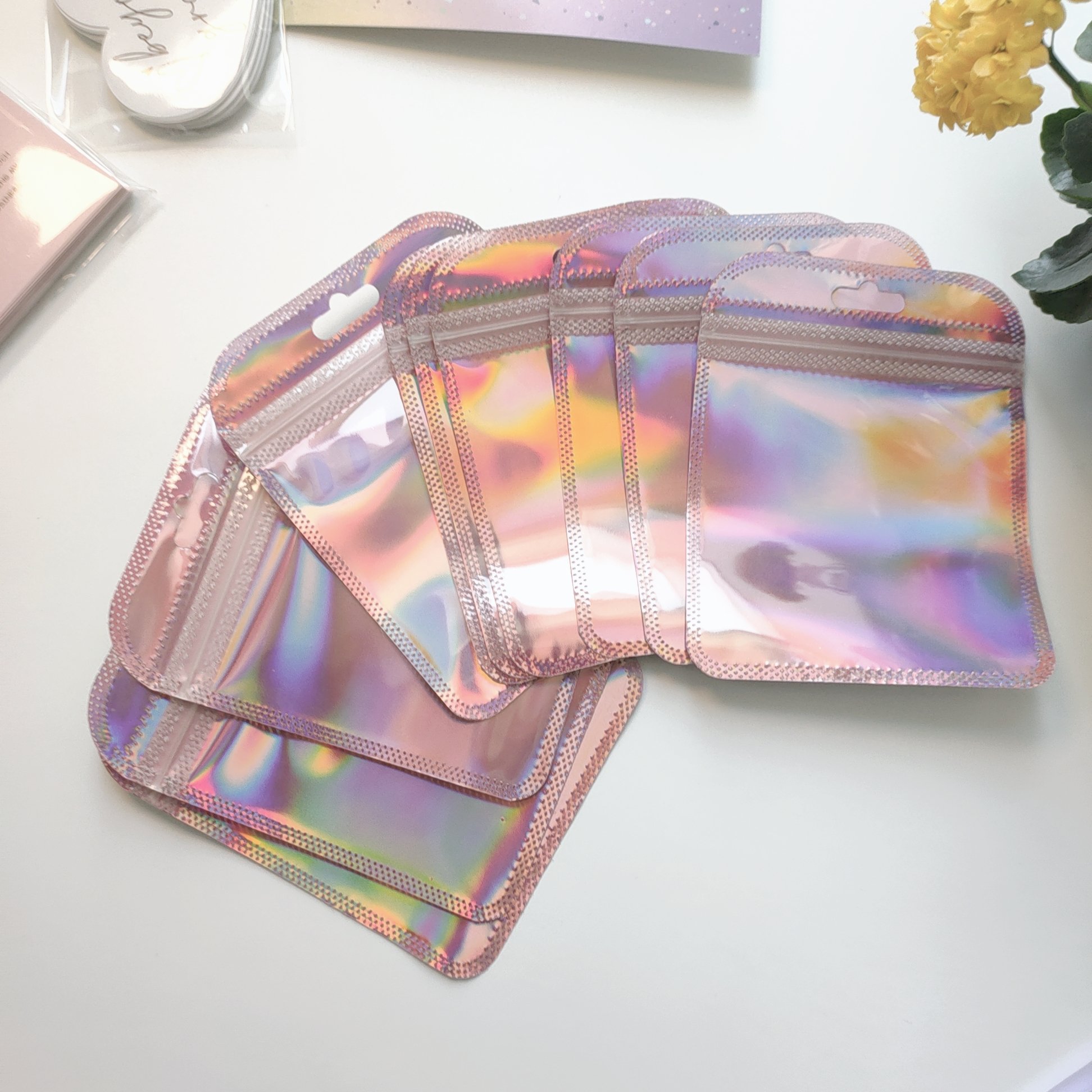 Laser Zipper Pouch Jewelry Packaging One Side Clear Holographic Mini Aluminum Foil Zip Lock Bags
