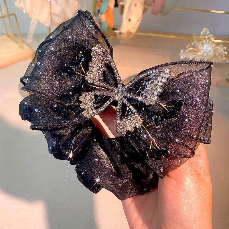 Wholesale Rhinestone Bow Silk Scrunchie Hair Tie Vintage Elastic Hair Bands Luxury Bling Butterfly Hair Accessories Women