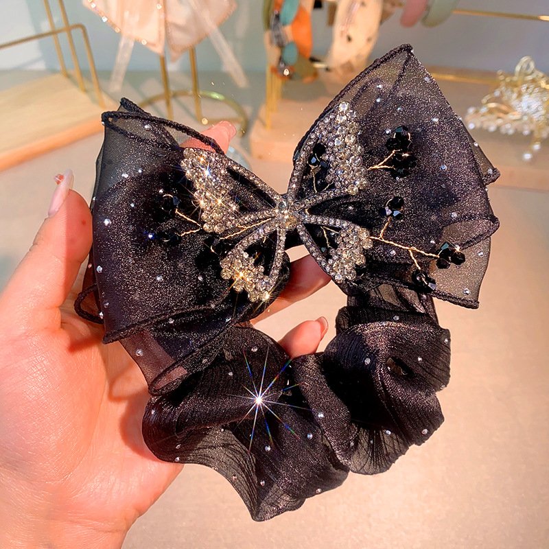 Wholesale Rhinestone Bow Silk Scrunchie Hair Tie Vintage Elastic Hair Bands Luxury Bling Butterfly Hair Accessories Women
