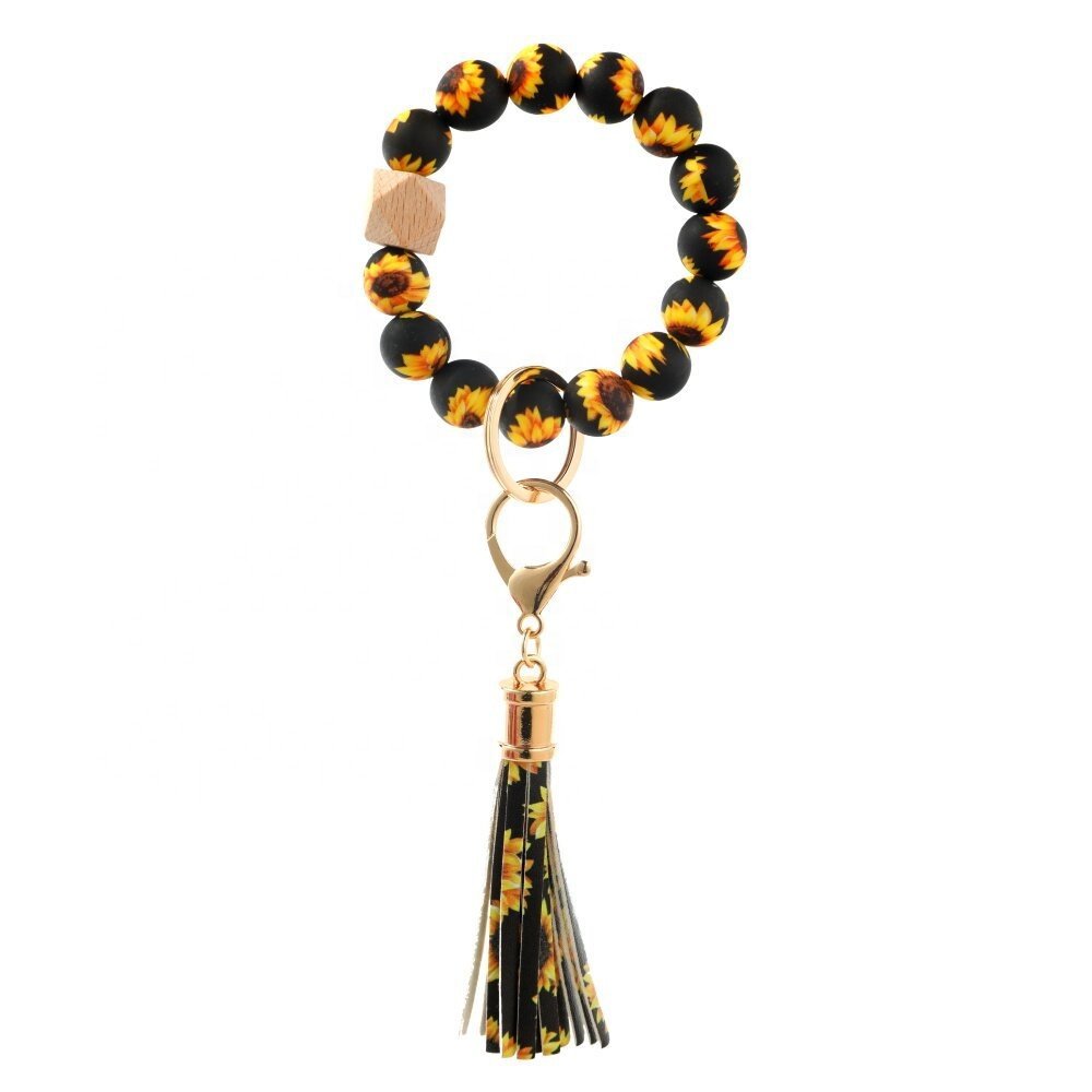 Rainbow Tie Dye Print Silicone Bead Bracelet Wristlet Keychain Stretchy Silicone Bead Keychains
