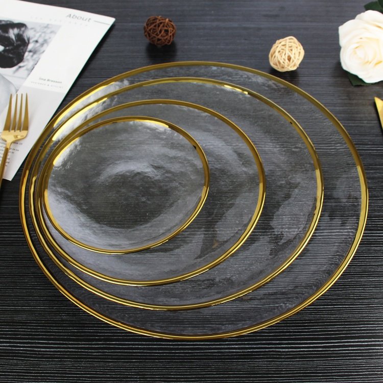 Eco-Friendly Modern Clear Round Glass Dishes Plates Set Classic Customized Edge Rim Gold Charger Plates with Pattern for Wedding