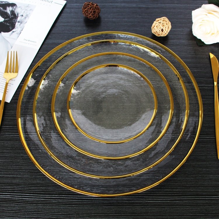 Eco-Friendly Modern Clear Round Glass Dishes Plates Set Classic Customized Edge Rim Gold Charger Plates with Pattern for Wedding