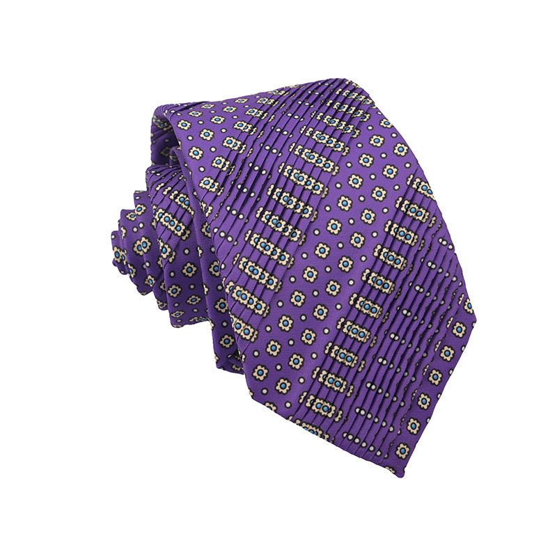 Blue Grey Circled Pattern Draped Necktie Printed Polyester Pleated Ties