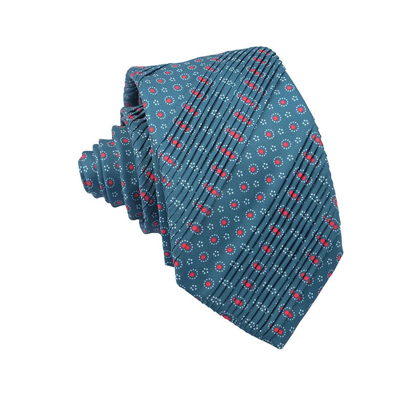 Blue Grey Circled Pattern Draped Necktie Printed Polyester Pleated Ties