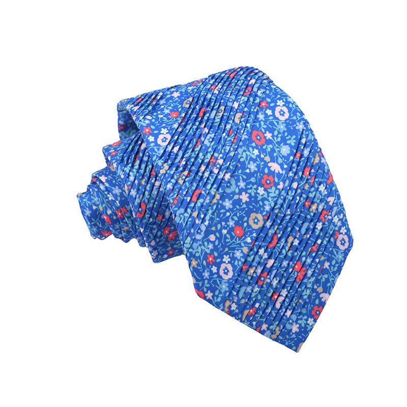 Blue Grey Circled Pattern Draped Necktie Printed Polyester Pleated Ties