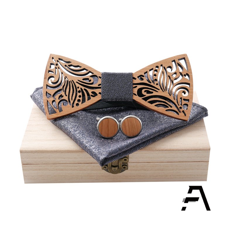 Natural wood cufflinks bow tie set with Handkerchief
