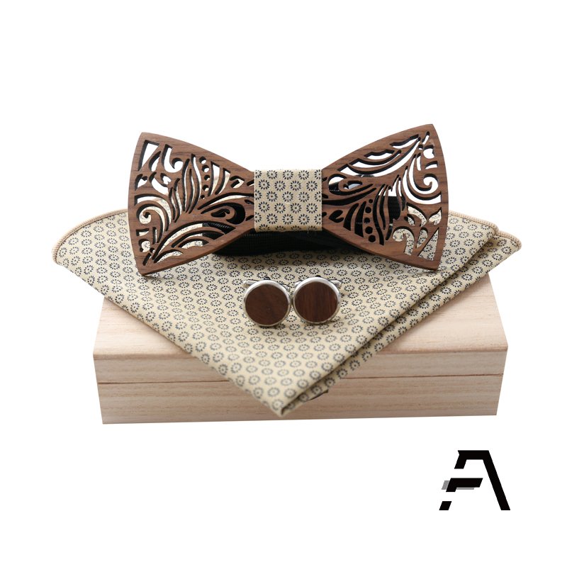 Natural wood cufflinks bow tie set with Handkerchief