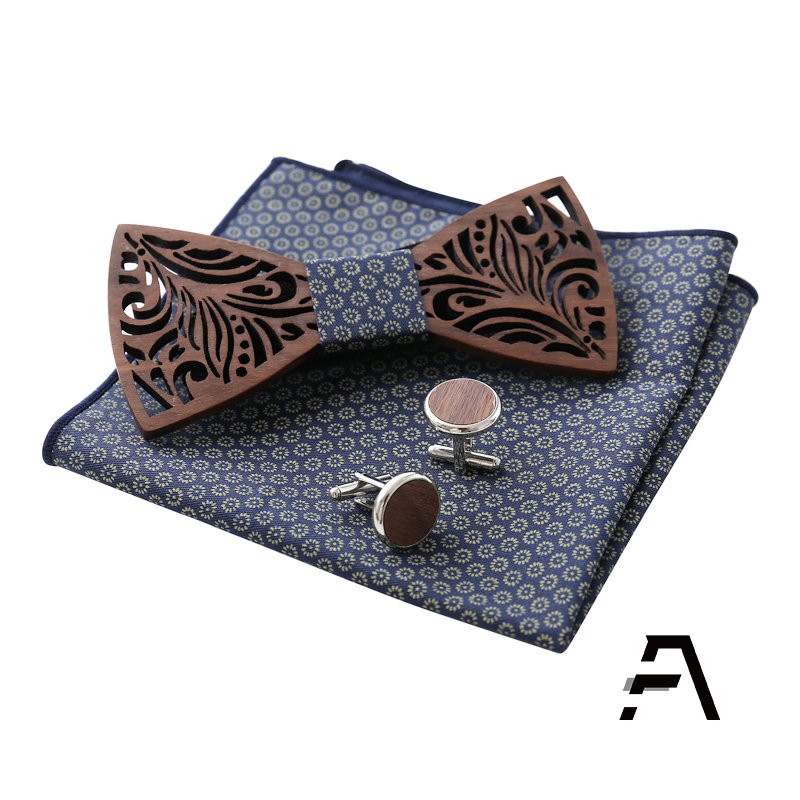 Natural wood cufflinks bow tie set with Handkerchief